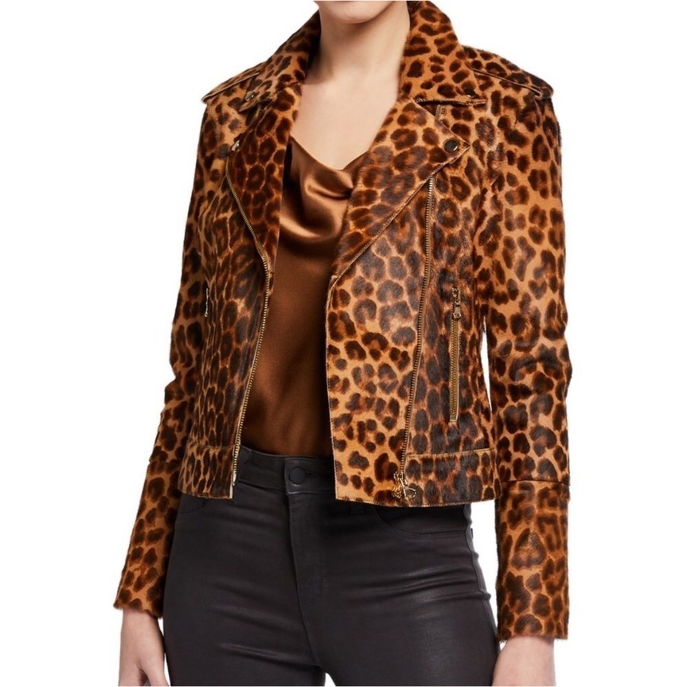 L'Agence Natural Leopard Print Leather Biker Moto Jacket Size XS NWT